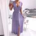 thumbnail image 5 of Quixlent Women Evening Dress V Neck Sleeveless Pleated Split Hem Slim Waist Floor Length Solid Color Wedding Cocktail Party Prom Maxi Dress, 5 of 8