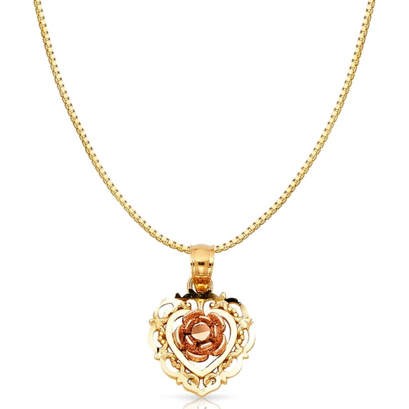 14K Tri Color Solid Gold Rose Flower Charm Pendant with 1mm Box Chain Necklace - 24"