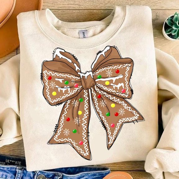 Gingerbread Coquette Christmas Sweater, Retro Gingerbread Bow Shirt, Merry Christmas Holiday Top, Girly Festive Winter Tee