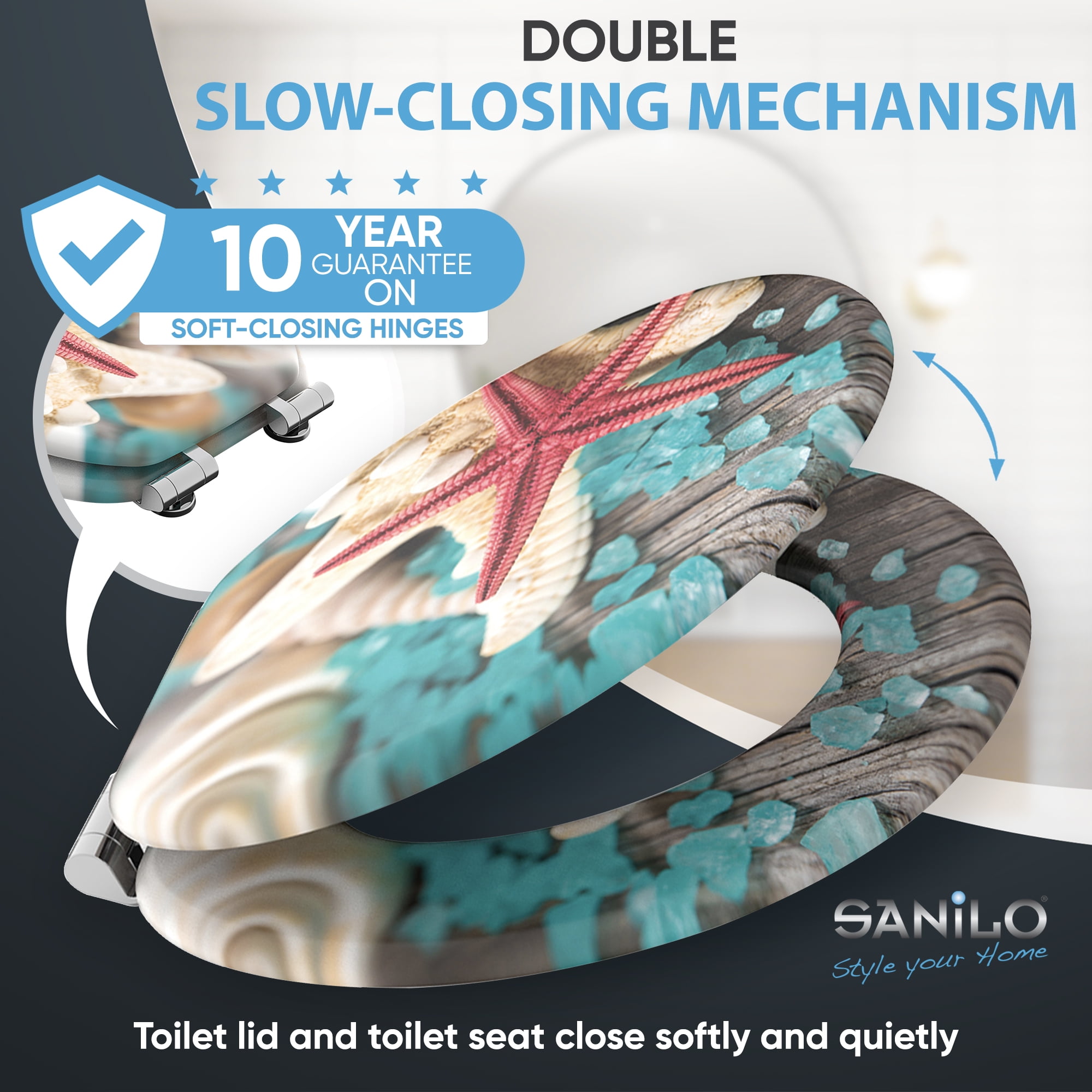Sanilo Soft Close Toilet Seat ROUND, Quiet and Slow Close Lid and Seat, Strong Bumpers and Hinges, Bath Salt