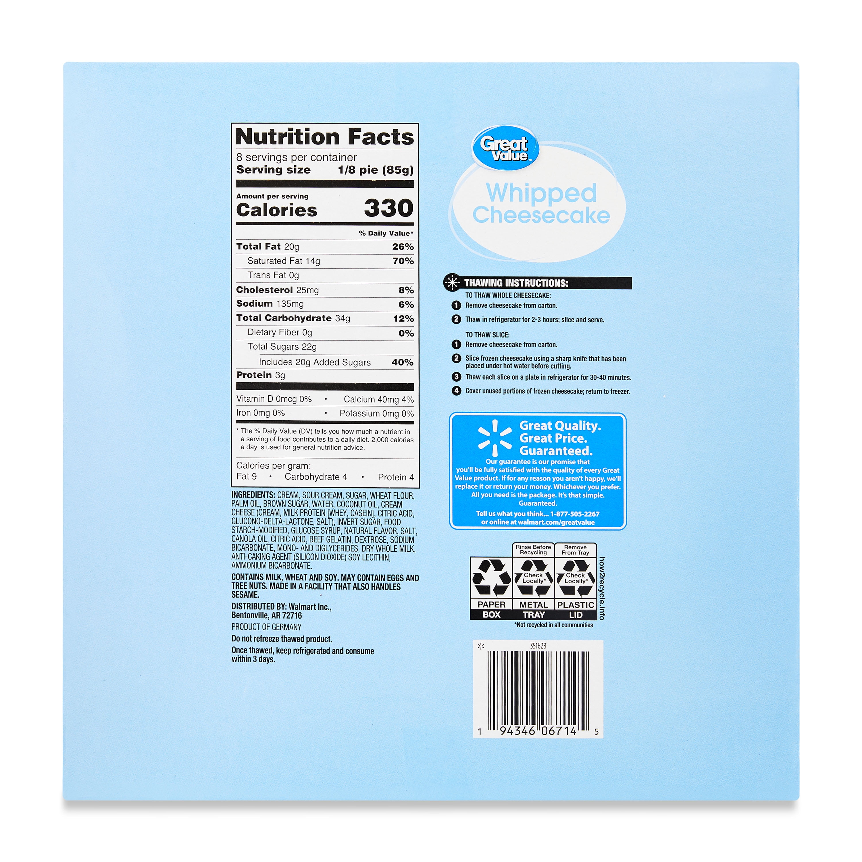 Great Value Whipped Cheesecake, 24 oz (Frozen, Thaw & Serve)