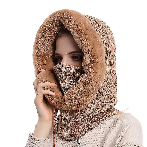 Gorro de invierno, bufanda con capucha, piel sintética, calentador de cuello, gorros mullidos de felpa gruesa para mujer