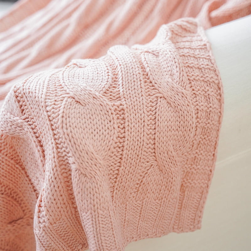 Battilo Cable Knitted Blanket Blush Pink for Sofa,Pale Pink Blankets for Fall Home Decor,50" x 60"