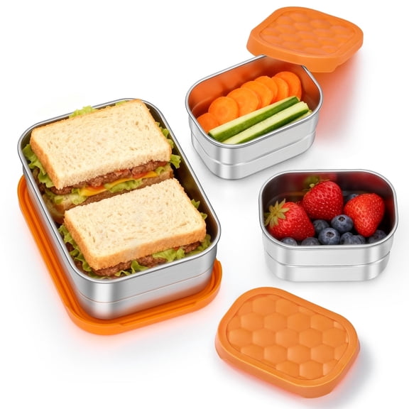 Vesteel Stainless Steel Lunch Container Set, Leak Proof Bento Box with Silicone Lids, Portable Metal Lunch Box for School and Daycare(25OZ   8OZ*2), Orange