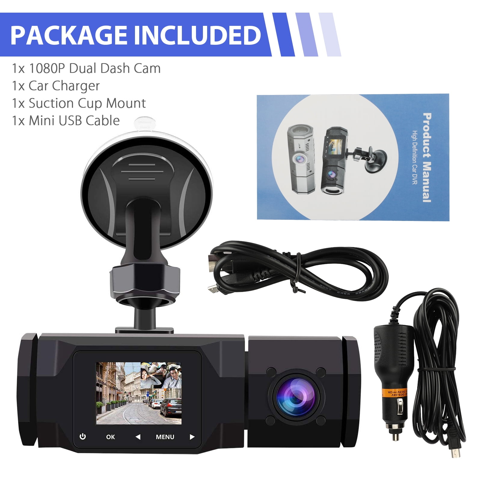 Dual Dash Cam, TSV 1080P Car Driving Recorder Camera, 170° Wide Angle Front  Inside Camera with Night Vision, Loop Recording, G-Sensor, Parking Mode