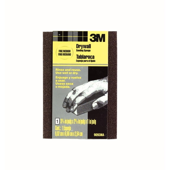 3M Drywall Sanding Sponge, 9093DC, Block, 3 3/4 in x 2 5/8 in x 1 in (9,52 cm x 6,66 cm x 2,54 cm), Fine/Medium, 24ea/cs