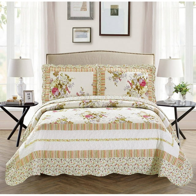 Fancy Linen Couvre-Lit 3 Pcs Très Grand/California Très Grand, Floral Blanc Cassé Neuf