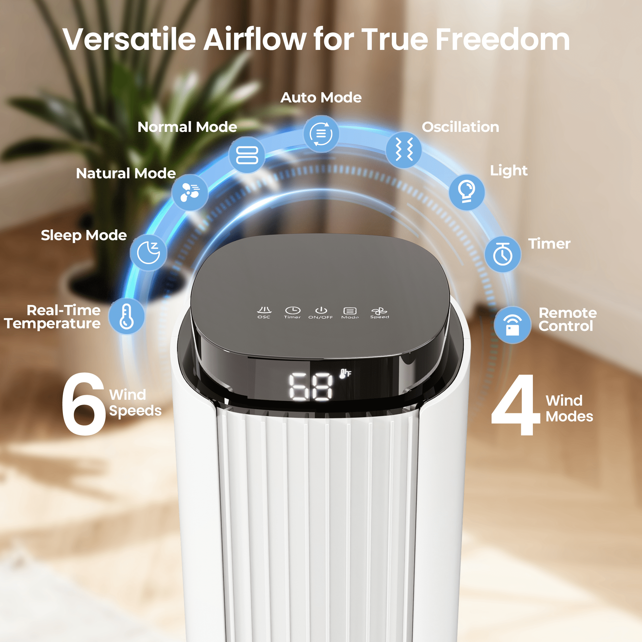 KISSAIR 37" Tower Fan with Remote, 6 Speeds, 4 Modes, LED Display, 12H Timer, 90 ° Oscillating, Bladeless Quiet Fan for Bedroom, Home & Office, White