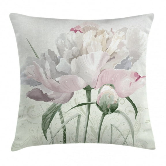 Flower Throw Pillow Cushion Cover, Floral Pink Roses Tulips Abstract Garden Leaves with Petals and Buds Detailed Print Image, Decorative Square Accent Pillow Case, 20" X 20", White, by Ambesonne