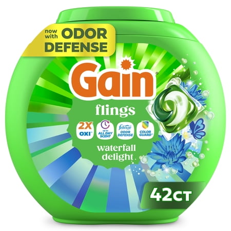 Gain Flings Liquid Washing Detergent pacs, Now with Odor Defense + Color Guard, Waterfall Delight Scent, 42 Count, 4-In-1 liquid laundry detergent pacs, clean & fresh