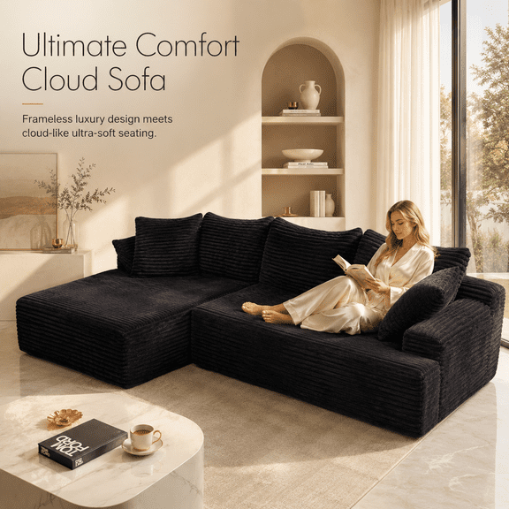 96 L-Shaped Cloud SecS Sofa Corduroy Foam Floor Sofa Black NoAsm LeftChaise