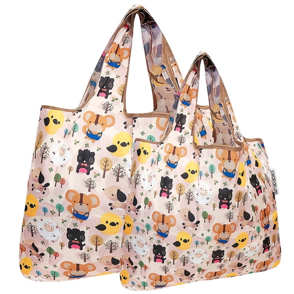 Wrapables Large & Small Foldable Tote Nylon Reusable Grocery Bags, Set of 2, Cuttie Animals