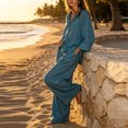 thumbnail image 5 of Puyaiuu Women Collar Long Sleeve Shirt Elastic Waist Wide Leg Pocket Pants Matching Two Piece Set Blue M Gift, 5 of 9