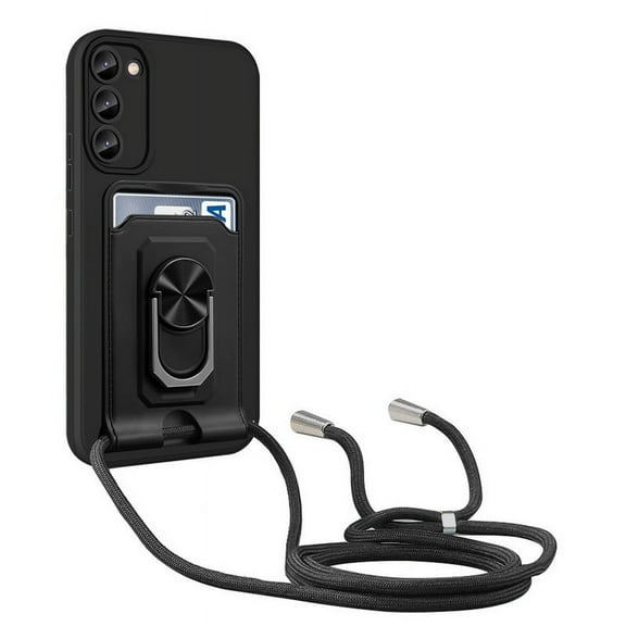 Compatible with Samsung Galaxy S23 Magnetic Wallet Case with Lanyard Crossbody Kickstand Case-Black