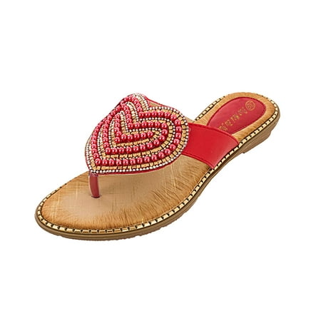 

B91xZ Sandals for Women Casual Summer Pearl Women s Round Fashion Rhinestone Love Toe Pinch Sandals Shoes Women s Sandals Red Size 9.5