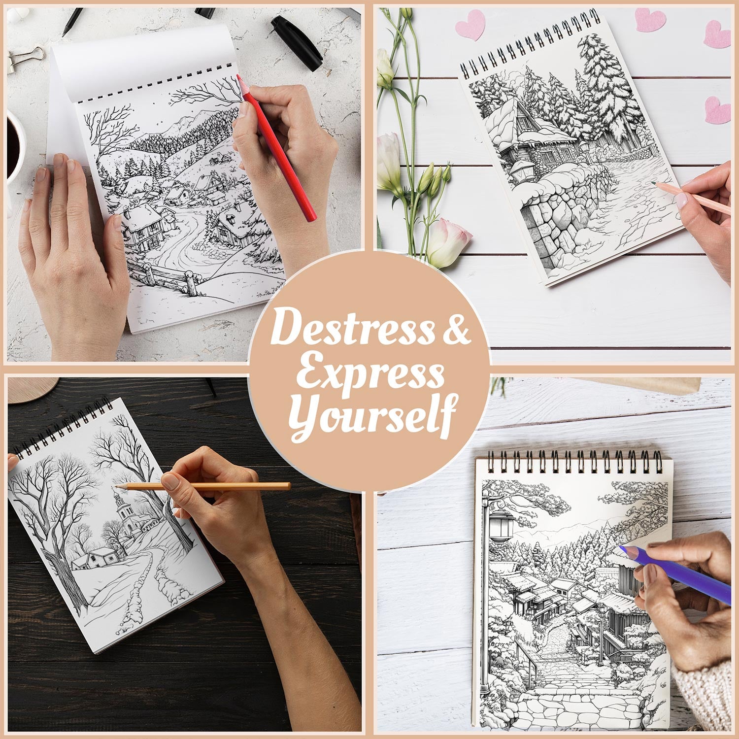 Netecom Winter Village Coloring Book Spiral Bound for Adults, A5 Wooden Cover, 30 Delightful Coloring Pages of Cozy Winter Villages for Stress Relief and Relaxation