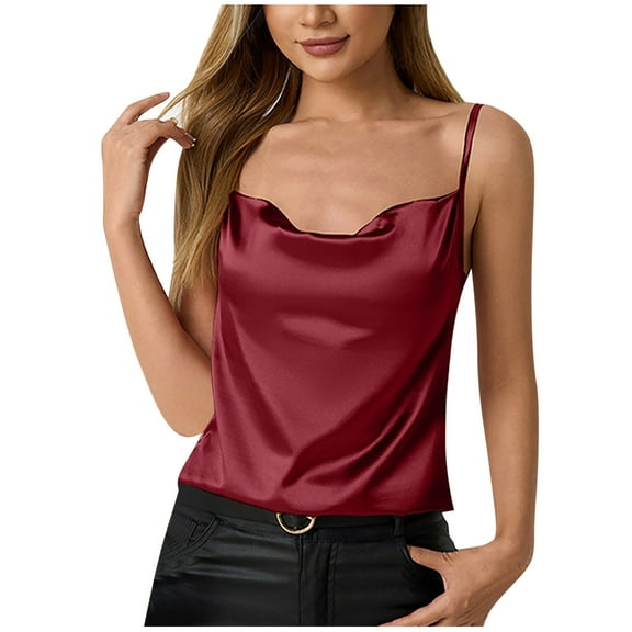 JIUKE Satin Camisole Tops for Women Cowl Neck Sleeveless Spaghetti Strap Summer Basic Tank Shirt