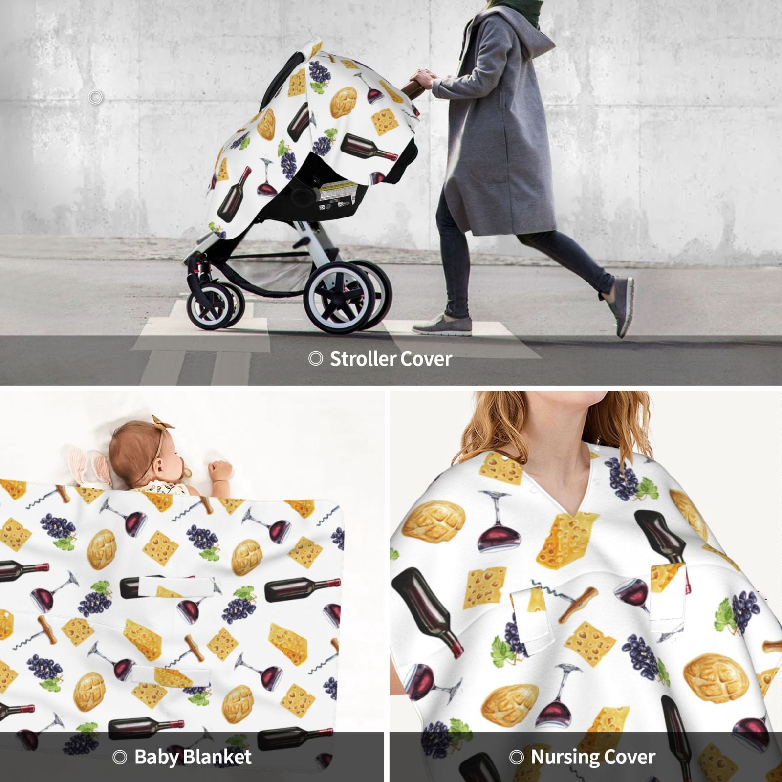 Car Seat Cover Baby - Wine Cheese grape Print Breathable Infant Car Seat Cover for Baby Carseat, Lightweight Comfort Baby Essentials Must Haves Newborn Stuff for Girl Boy