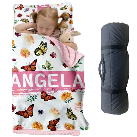 AOLOA Personalized Toddler Nap Mat With Pillow and Blanket for Preschool Featuring Colorful Butterfly and Flower Design for Kindergarten Girls.(Cushions + Pillows22.5 x55 +Blanket size: 33.5 x 45 )