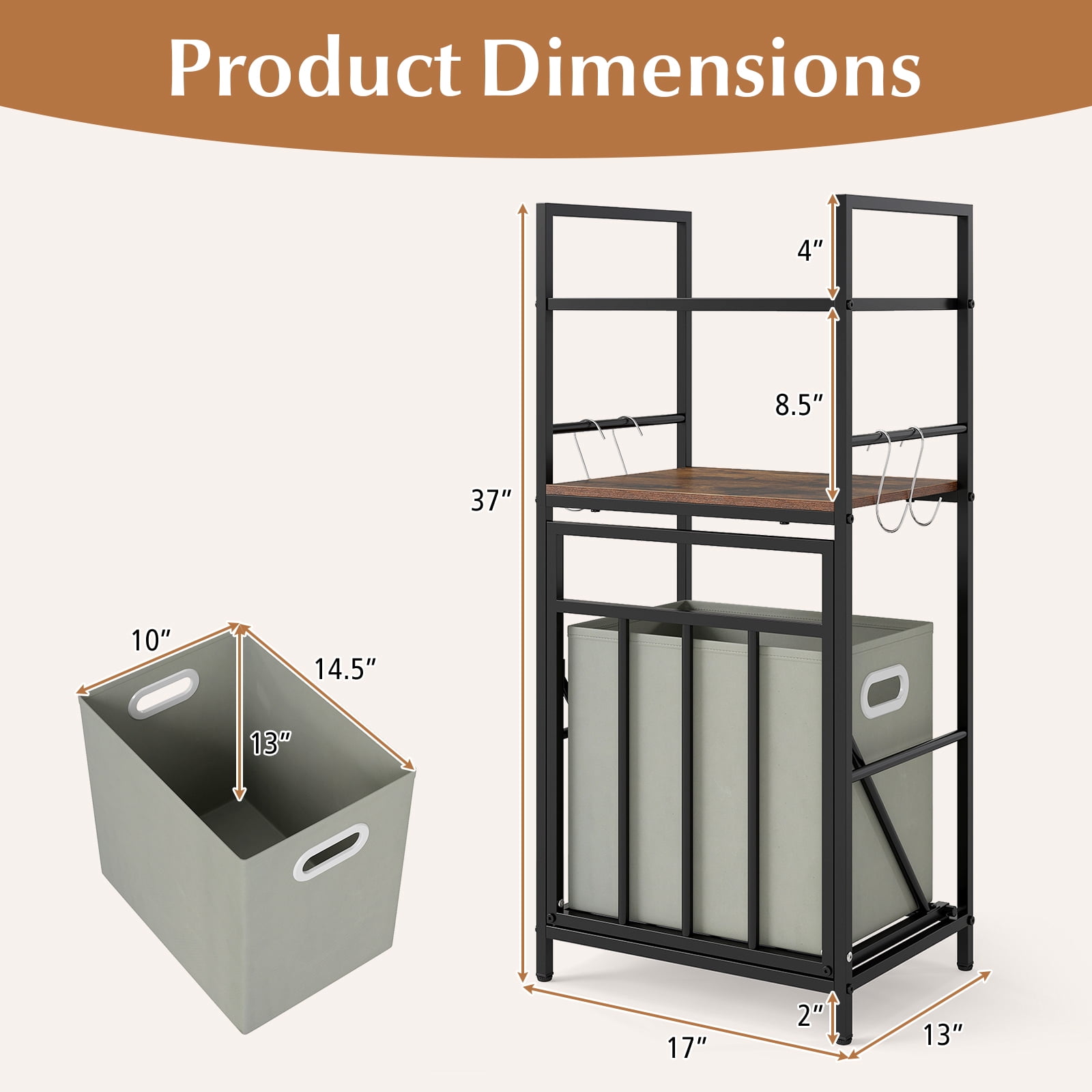 Gymax 2-Tier Laundry Hamper w/Tilt-out BasketLaundry Sorter w/4 Hooks & Removable Bag