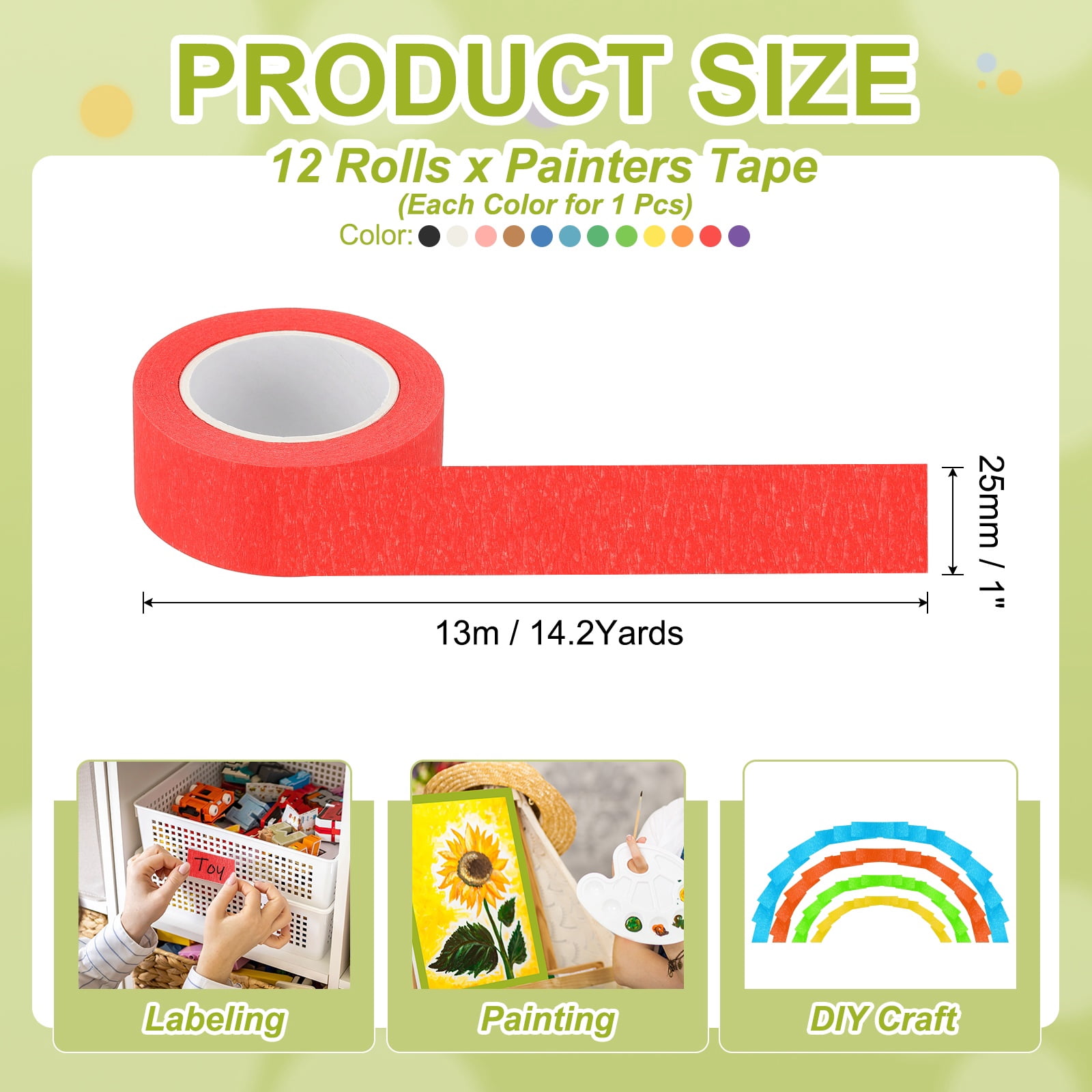 Uxcell Colored Masking Tape Color Code Labeling Painters Tape for Arts Crafts Wall Painting 12 Color 1 Inch x 14 Yards