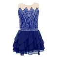 thumbnail image 2 of iixpin Kids Girls Sleeveless Ice Skating Dance Dress Shiny Rhinestone Mesh Patchwork Tiered Ruffled Dancewear Navy Blue 14, 2 of 4