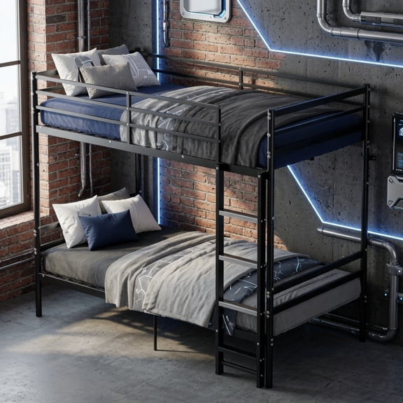 Twin over Twin Metal Bunk Bed with Flat Ladder, Space-Saver Frame with Guardrail & Under-Bed Storage, Black