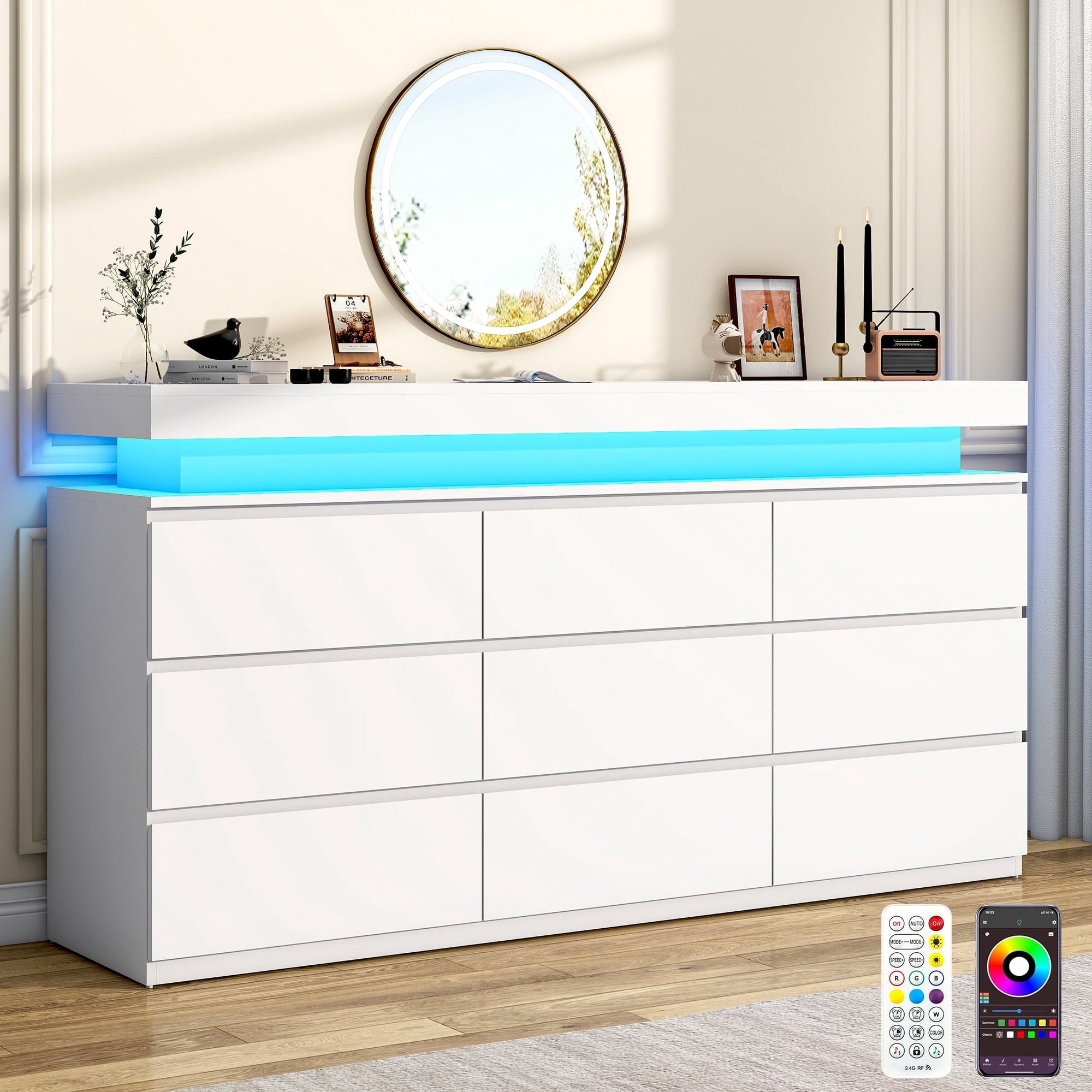 ChVans White 9 Drawer Dresser with LED Lights, 63" Wide Modern Wood Chest of Drawers with Charging Station & Handle Free, LED White Dresser for bedroom, Living Room, Entryway, Hallway