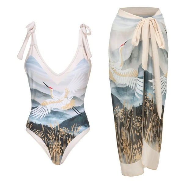 Gibobby Trajes de Baño Mujer Conjunto de traje de baño adelgazante conservador con cuello en V y falda larga de gasa(Blanco,G)