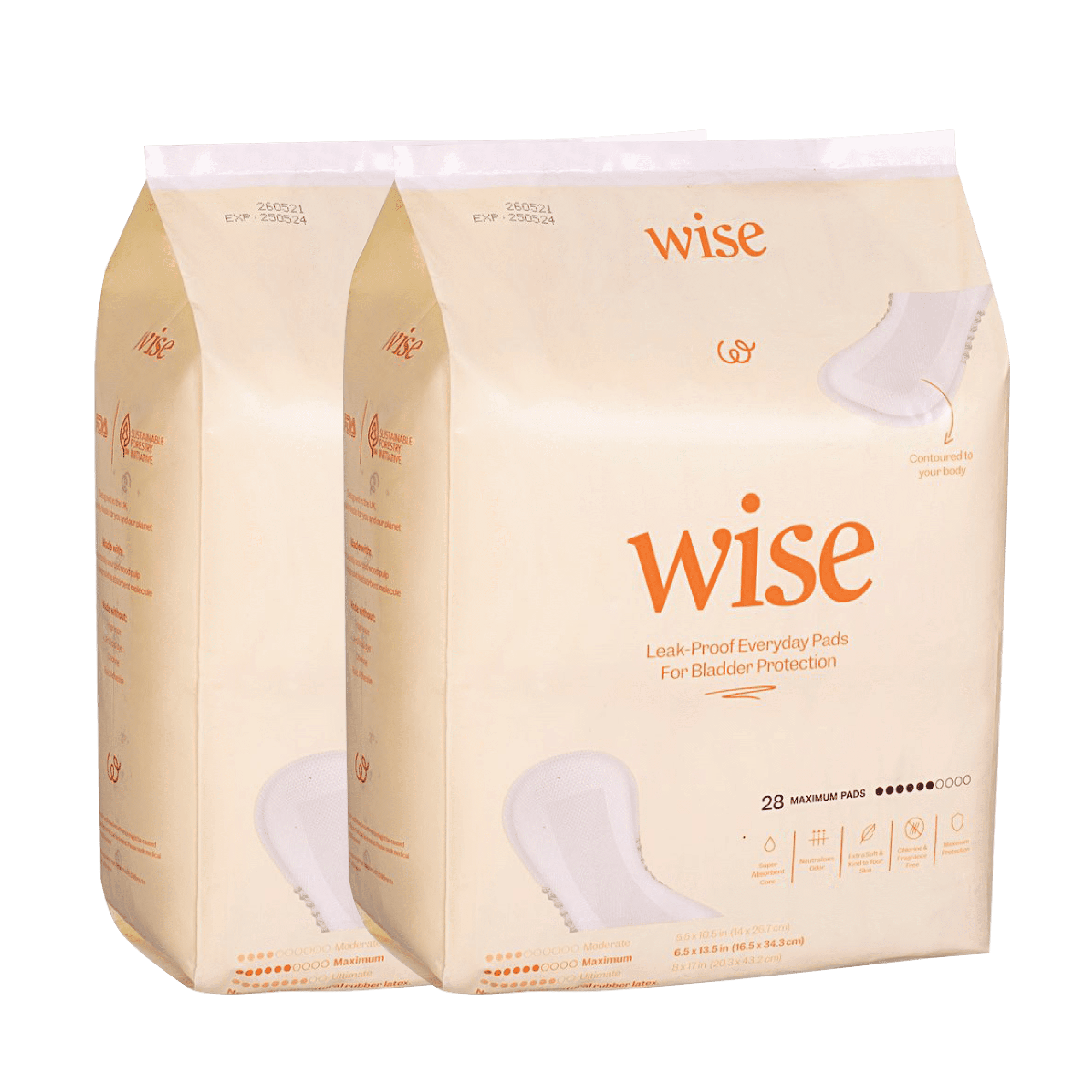 WiseWear Incontinence Pads For Women, Maximum Absorbency, Discreet Bladder Leak Protection / Odor Control & Postpartum Pads, Long Length, 56 Count, (2 Packs of 28)