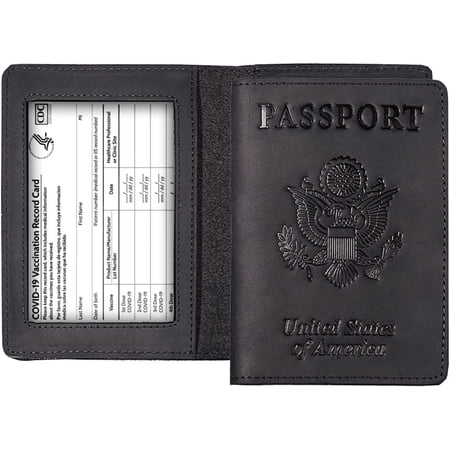 Genuine Leather Passport and Vaccine Card Holder Combo, RFID Blocking, Black, Unisex