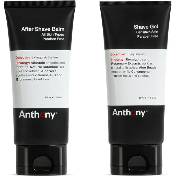 Anthony Gel à Raser, 6 Fl Oz, et Anthony Baume après-Rasage, 3 Fl Oz, Présentés en tubes Noirs avec Texte Blanc et Rouge. le Gel à Raser Est Conçu pour la Peau Sensible, Offrant une Hydratation et un Rasage en Douceur avec aloe vera, Varech et eucalyptus. le Baume après-Rasage Apaise la Brûle du Rasoir et les Rougeurs, Enrichi de Vitamines a, C et E. les Deux Produits Sont Sans Parabènes, Sans Cruauté et Testé par des Dermatologues.