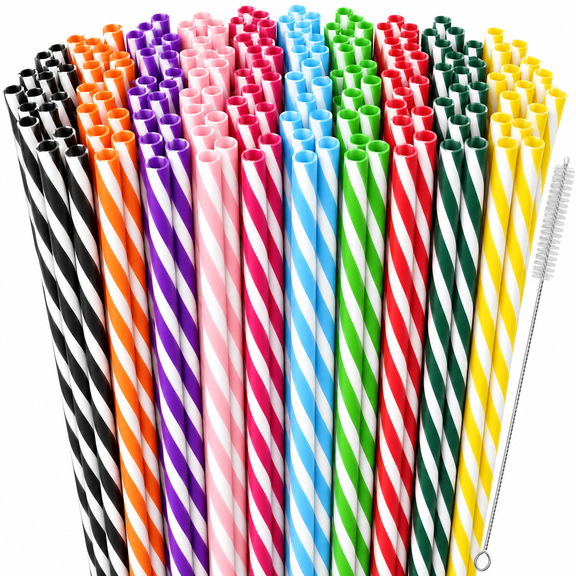 50 Pieces Colorful Striped Reusable Straws Bulk 9" Striped Hard Plastic Drinking Straws for Beverage Cocktail Mason Jar Tumbler Birthday Wedding Party Supplies