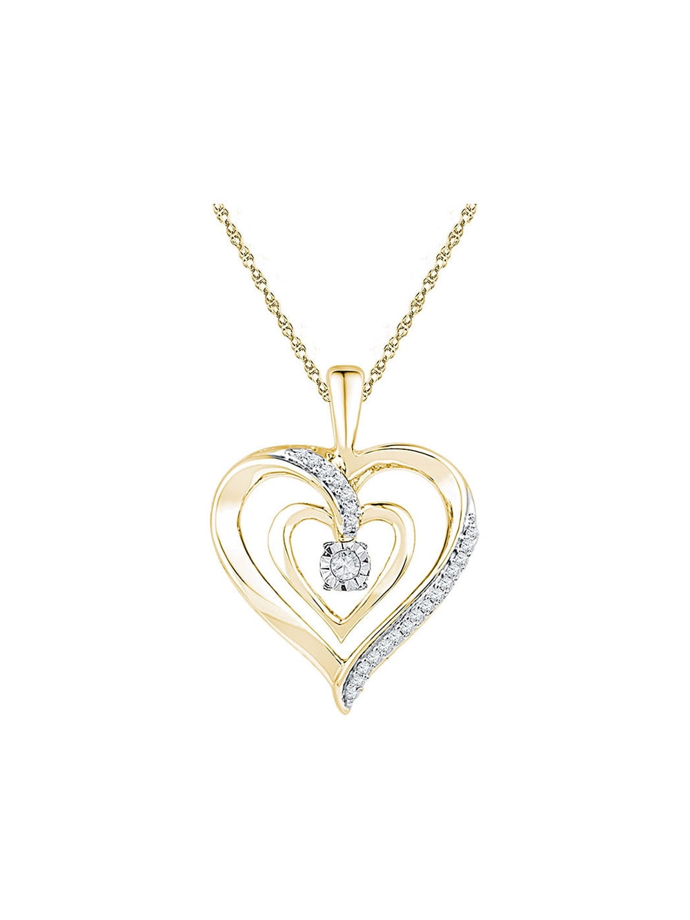 Yellow-tone Sterling Silver Womens Round Diamond Heart Moving Twinkle Pendant .03 Cttw