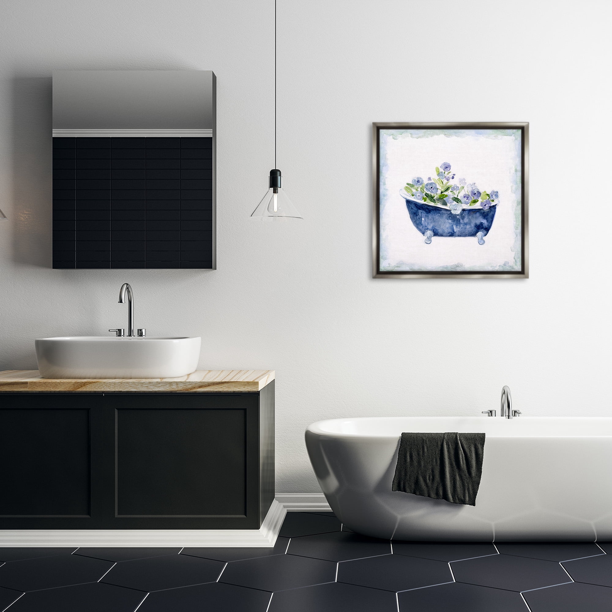 Stupell Industries Charming Blue Bathtub Florals Botanical & Floral Painting Gray Floater Framed Canvas Art Print Wall Art, 25 x 25