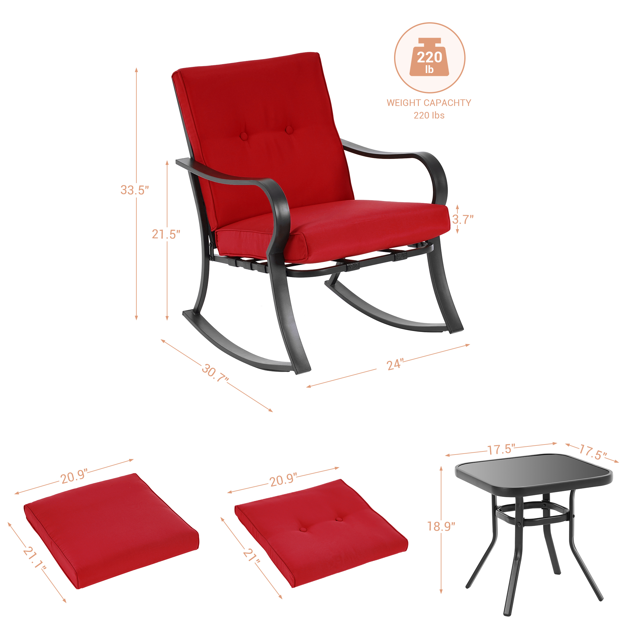Outdoor Lounge Chair Courtyard Rocking Chair 3-Piece Steel Frame Outdoor Furniture Sets Thick Cushion Red Double Armchair Deck Backyard Bistro Set - image 4 of 8