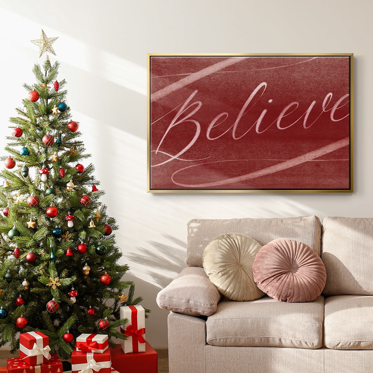 Believe - Framed Gallery Wrapped Holiday Canvas - 25 x 37 - Gold Frame