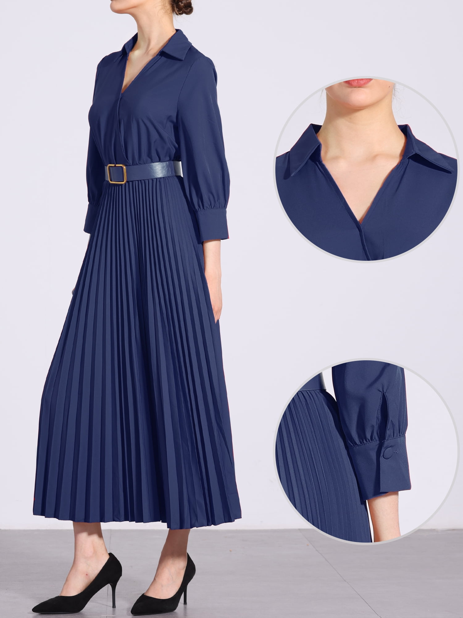 DARING DIVA 3/4 Sleeves Collar V Neck Dress 2XL Dark Blue