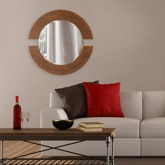 Tyler Dillon Round Burnished Copper Wall Mirror with Partial Brown Wood Frame - 38"D