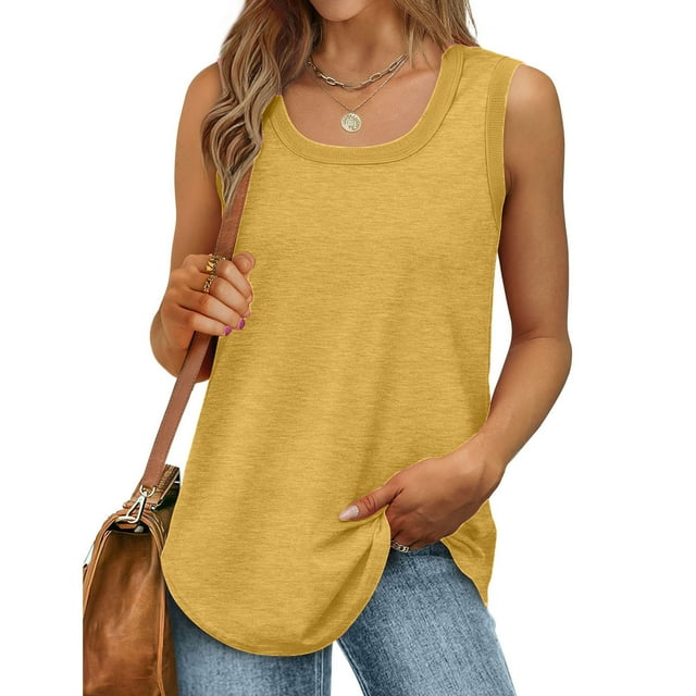 QUINDOS Womens Tops Yellow Ribbed Summer Solid Color Round Neck Sleeveless Casual Tee Tank Womens Tank Tops