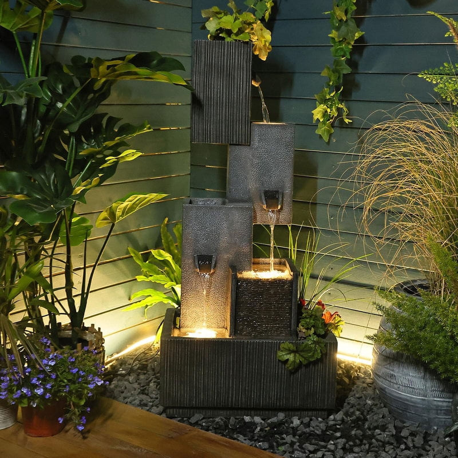 Modern Patio Fountain 4-Tier Outdoor Water Fountain Garden Water Feature Planter with LED Lights for Garden, Patio, Backyard, Deck, Porch and Home Art Decor
