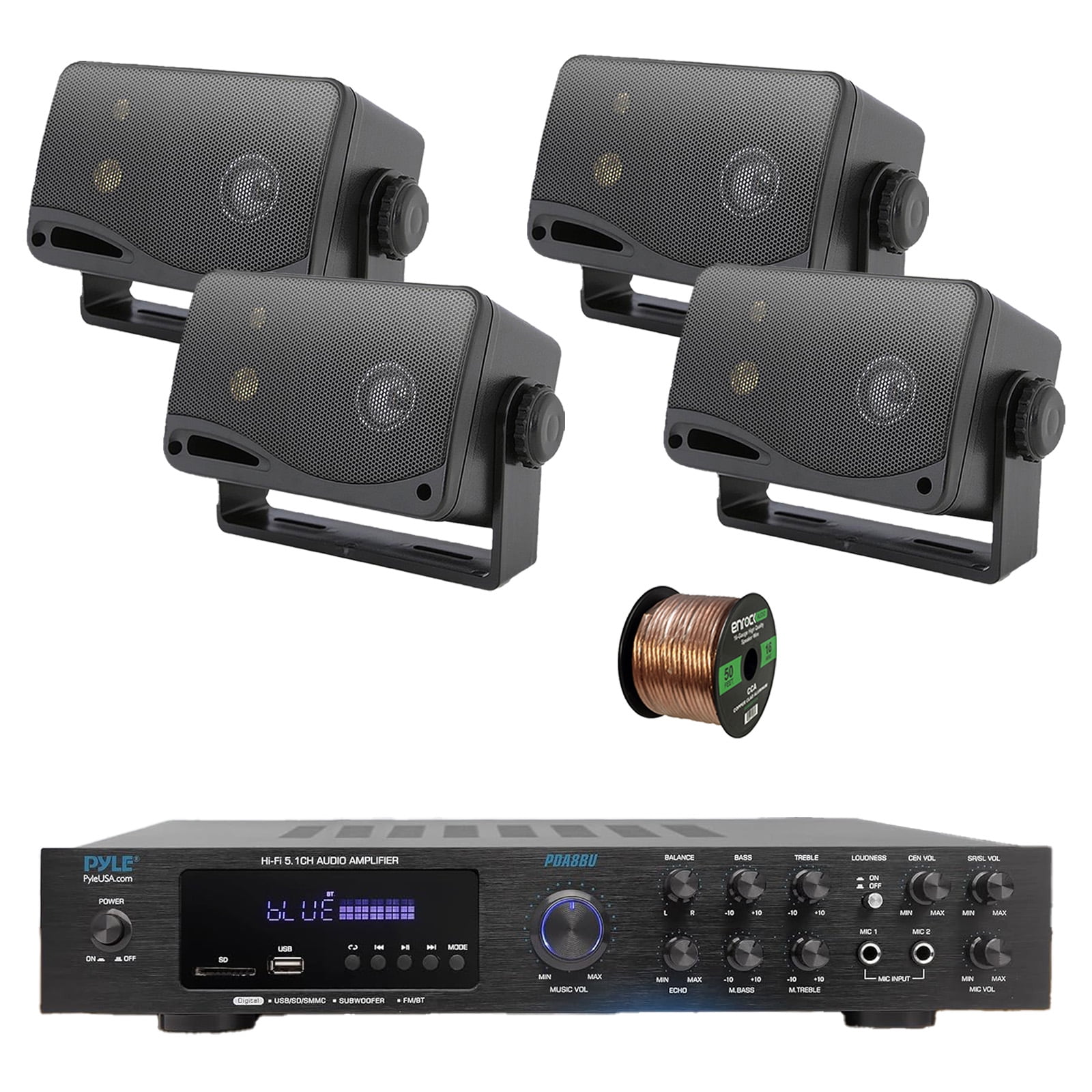 Pyle PDA8BU 5.1 Channel Home Audio Theater Bluetooth MP3/USB/SD/AUX/FM Radio Receiver, 4x 3.5" 200 Watt Peak 3-Way Indoor/Outdoor Wall Mount Audio Speakers (Black), 50 ft 16 Gauge Speaker Wire