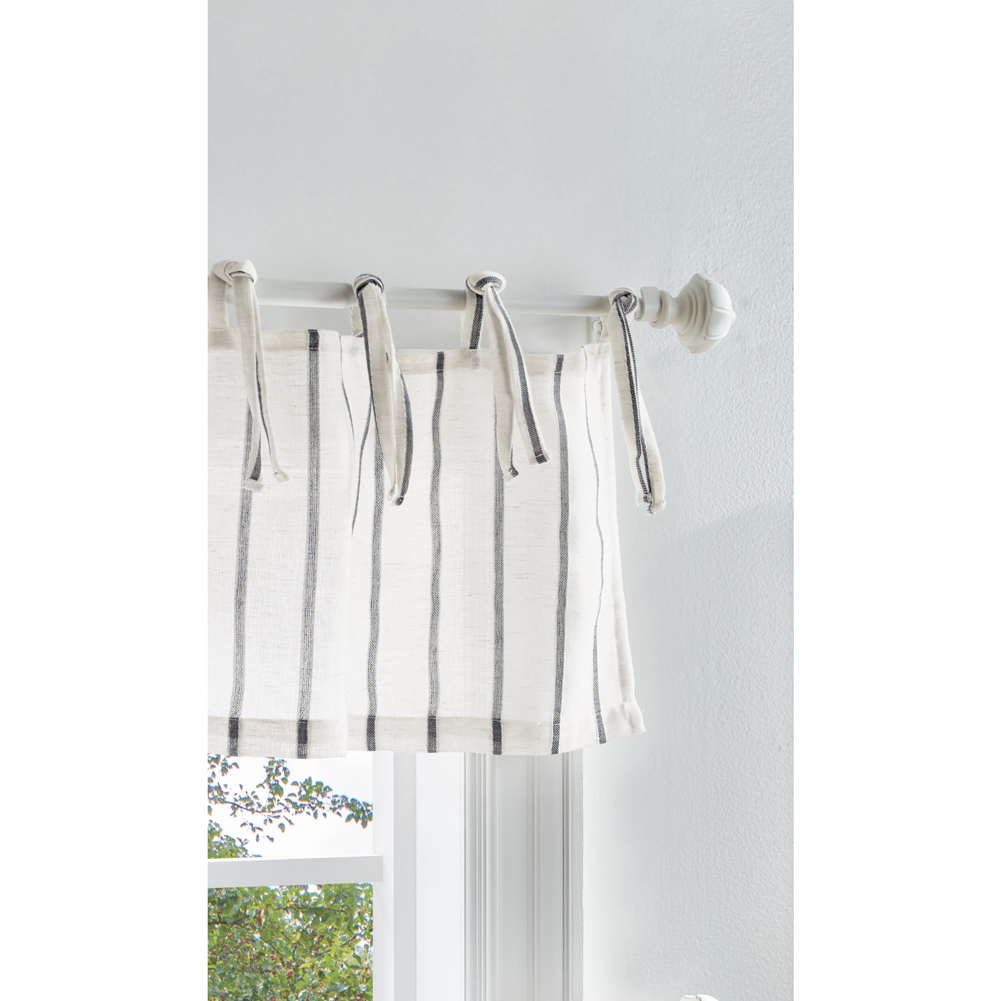 Martha Stewart Laguna Stripe 3 Piece Valance & Tier Set, Gray, Tie Tab, Semi Sheer, Indoor, Adult, Valance: 54" x 14", Tiers: 27" x 36"
