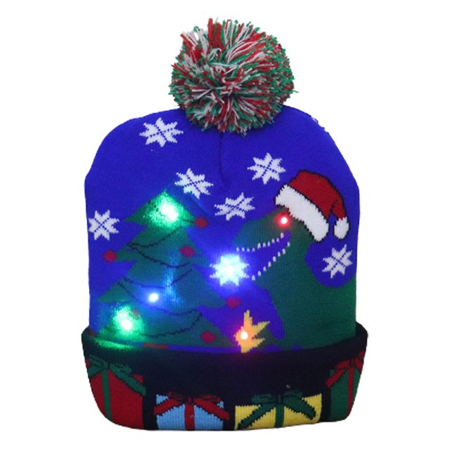 Gorro de Navidad con luz LED, gorros de Navidad, gorro feo de dinosaurio, gorro de punto Unisex para fiesta navideña