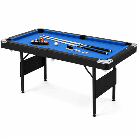 63.8" Foldable Pool Table Billiard Table, Indoor Game Table with Blue Velvet Playfield, Cue Sticks, Balls, Triangle Rack & Chalk for Kids Adults Family Game Room