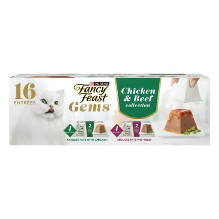 Fancy Feast Gems Pate Mousse Chicken or Beef and a Halo of Savory Gravy Wet Cat Food Variety Pack, 16 Entrees, 2 oz Tubs (8 Pack)