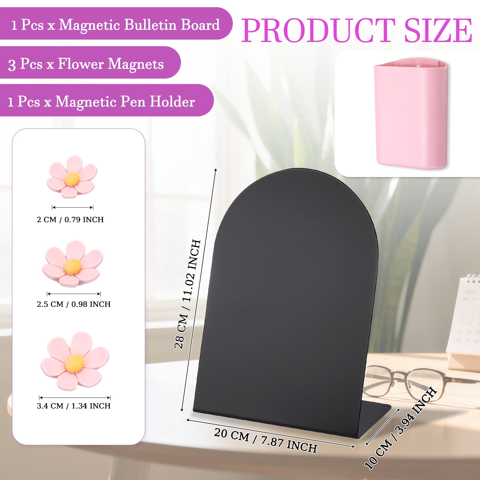 Uxcell Magnetic Bulletin Board, Memo Magnet Display Stand Board with 3 Flower Magnets & Pen Holder for Home Office, Black/Pink