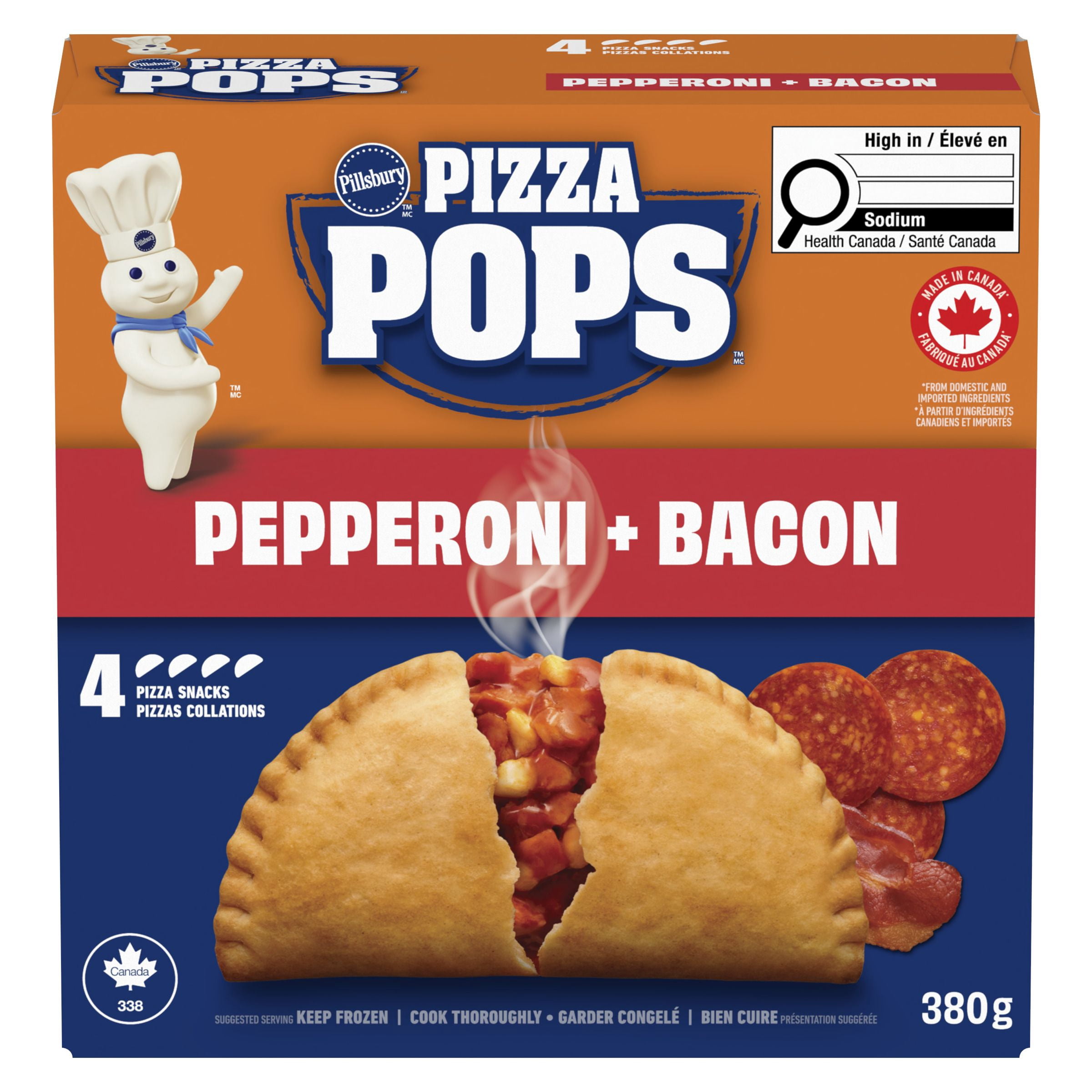 Pillsbury Pizza Pops, saveur Pepperoni + Bacon, collations de pizza surgelées, 380 g, 4 unités, Contient : Blé, Lait. 380.000g