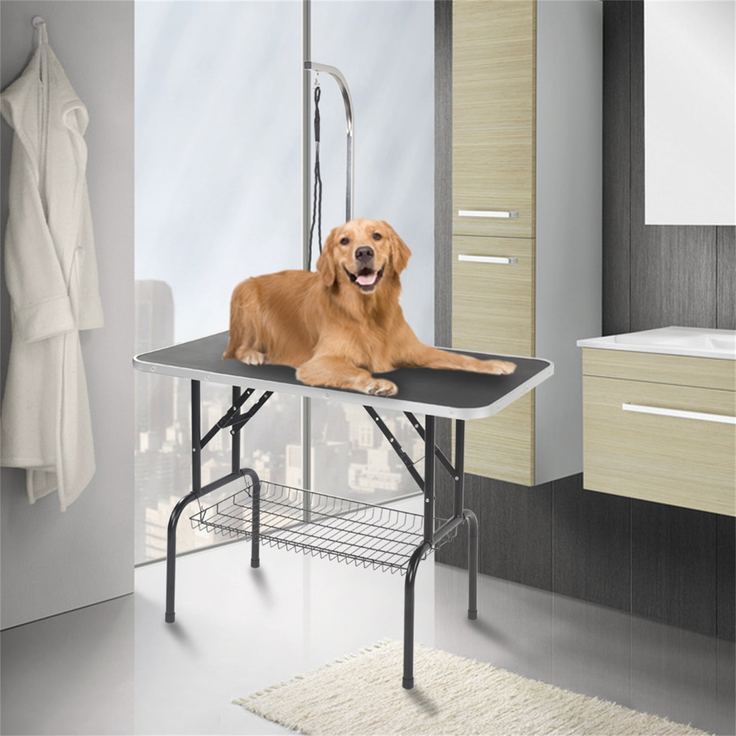 Pefilos 48" Foldable Pet Grooming Table for Dogs with Mesh Tray and Adjustable Arm Silver Base with Black Table, L Pefilos 48" Foldable Pet Grooming Table for Dogs with Mesh Tray and Adjustable Arm Silver Base with Black Table, L