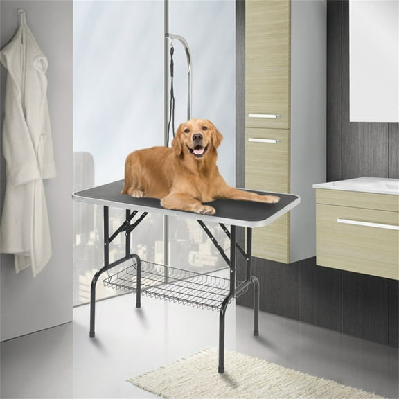 Pefilos 48" Foldable Pet Grooming Table for Dogs with Mesh Tray and Adjustable Arm Silver Base with Black Table, L